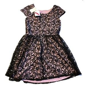 Three Pink Hearts Purple & Black Floral Lace Cap Sleeve Dress Junior's Size 9